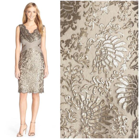 Tadashi Shoji Dresses & Skirts - TADASHI SHOJI Smoke Pearl Gold Sequin Beige Mesh Sheath Dress Size 8